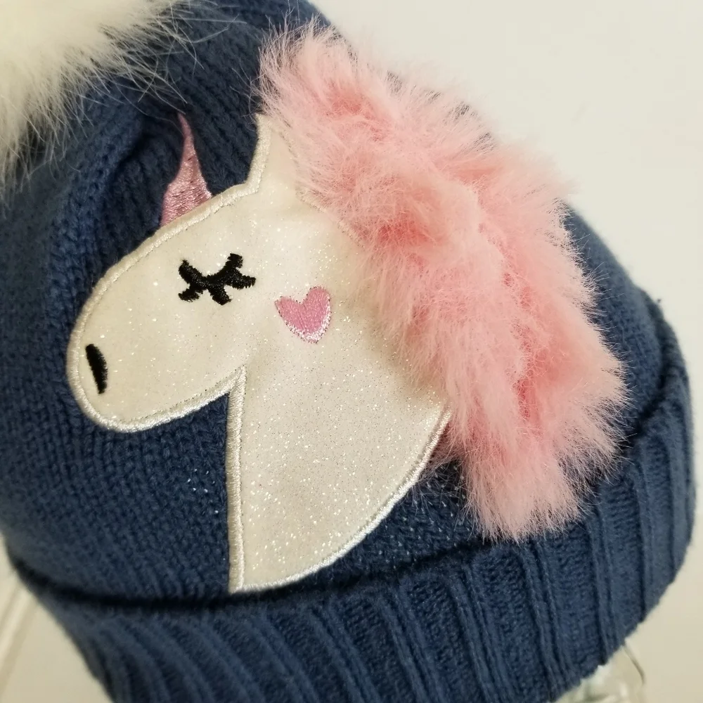 Emma & Elsa Girls Unicorn Beanie 4-6X Pom Pom Faux Fur Cozy Winter Knit Hat Blue